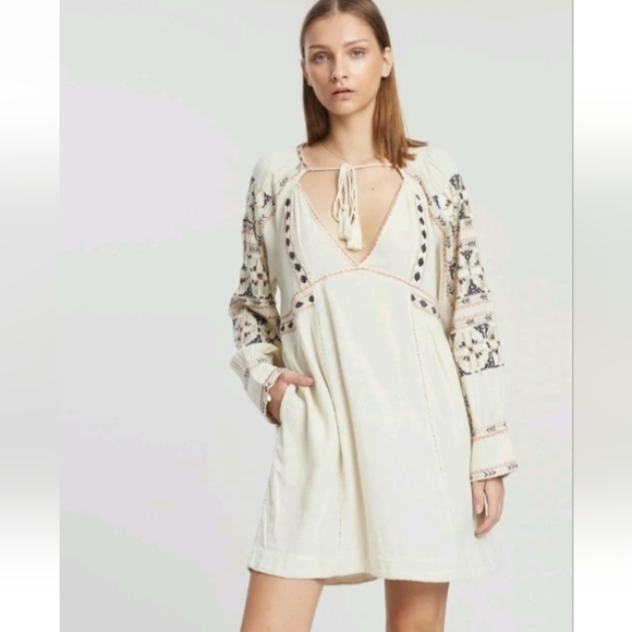 Free People All My Life Embroidered Bohemain deep v neck mini Dress sz L - Picture 1 of 10